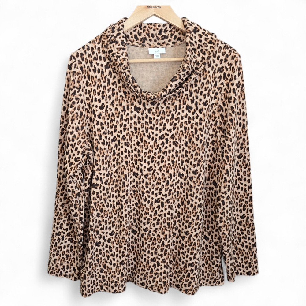J‎ Jill Top Womens Large Beige Animal Print Cowl Neck Knit Blouse Long Sleeve